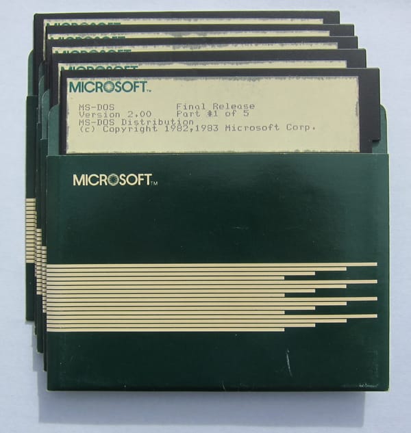 A set of floppy disks for MS-DOS 2.0. (C) computerhistory.org